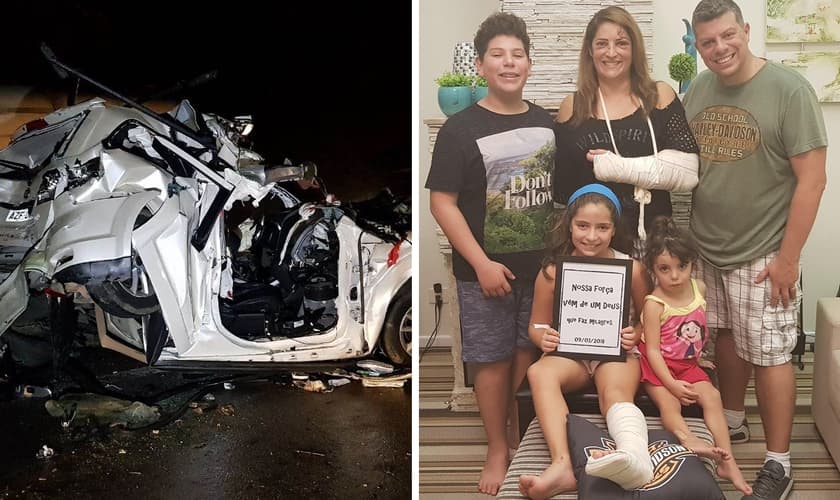 O carro foi destruído pelo impacto entre duas carretas, mas todos sobreviveram. (Foto: João Carlos Frigério/Plantão190/Facebook)
