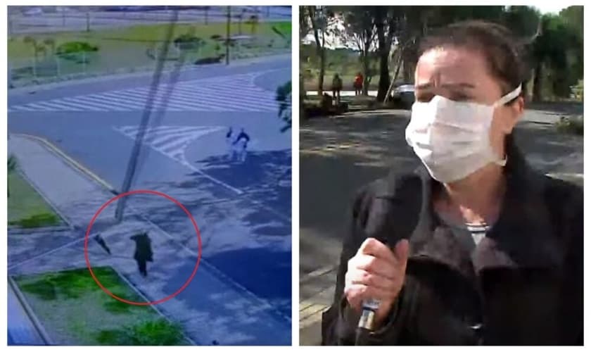 Câmeras de segurança filmam momento em que mulher quase foi atingida por um poste em Curitiba. (Foto: Reprodução/RIC Record Tv)